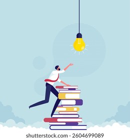 Symbolizing reaching for knowledge and ideas, learning or study help reach goal and success, businessman climbing on a pile of books reaching out for a light bulb at the top