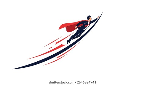 Symbolizing success and achievement a hero soaring high with a red cape leaving a trail of energetic lines showing speed and victory