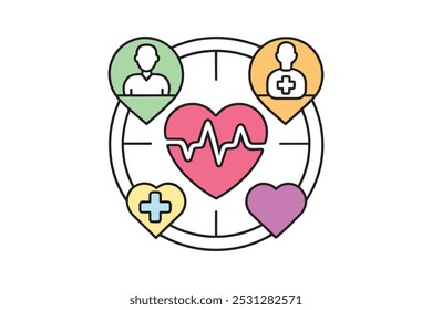 Symbolisierende Einheit und Zusammenarbeit im Gesundheitswesen weltweit isoliert doodle line art flache Vektorgrafik auf weißem Hintergrund.