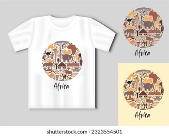 Symbols of Africa. Flat icons in the shape of a circle. Travel concept with t-shirt mockup. Vector Illustration