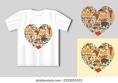 Symbols of Africa in the form of heart. Travel concept with t-shirt mockup. Vector Illustration