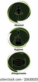 Symbols with the aha rule. German text (distance, hygiene, everyday mask). vector