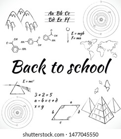 Symbols for all main lessons. Geometry, algebra, maths, physics, mechanics, optics, chemistry, history, astronomy, English language. Vector illustration and design. Use it in text
