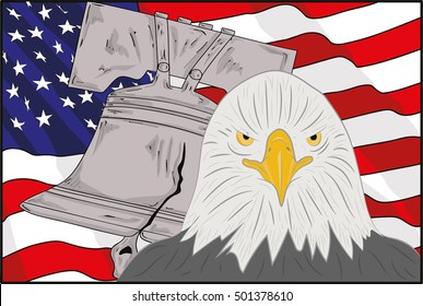 symbols of America: the bell, an eagle and a flag. vector illustration.
