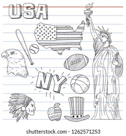 symbols of America (USA) in doodle style for decoration set.