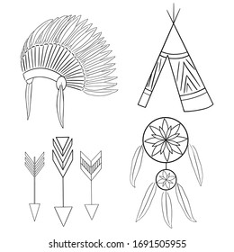 Symbols of the American Indians Set. Arrows, wigwam, dream catcher, crown of feathers.