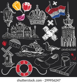 Symbols of Amsterdam in Chalkboard Doodle Style