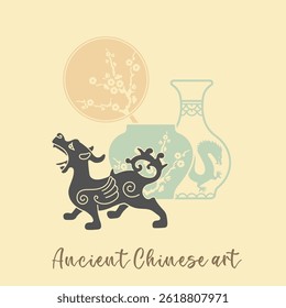 Symbols of the ancient art of China. Bronze, porcelain, painting. Vector Illustration