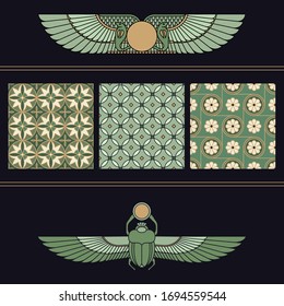 Symbols of ancient Egypt beetle-scarab and winged sun with a collection of seamless patterns for Egyptian motifs.