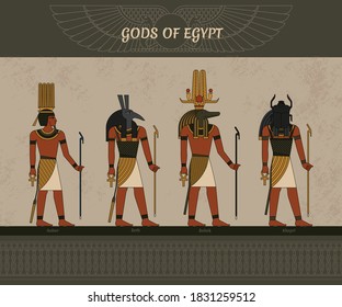 Symbols of ancient Egypt Egyptian winged sun, gods Anhur, Khnum, Sobek, Khepri, and other symbol of Egyptian. Vector illustration. EPS 10