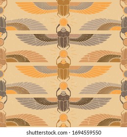 Symbols of ancient Egypt in the form of a nonsense pattern with an illustration of a scarab beetle with a sun symbol in its paws and wings. A great print option for interior decoration.