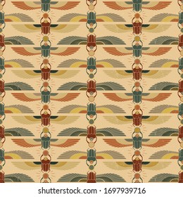 Symbols of ancient Egypt in the form of a nonsense pattern with an illustration of a scarab beetle with a sun symbol in its paws and wings. A great print option for interior decoration.