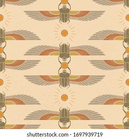 Symbols of ancient Egypt in the form of a nonsense pattern with an illustration of a scarab beetle with a sun symbol in its paws and wings. A great print option for interior decoration.