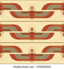 Symbols of ancient Egypt in the form of a nonsense pattern with an illustration of a scarab beetle with a sun symbol in its paws and wings. A great print option for interior decoration.