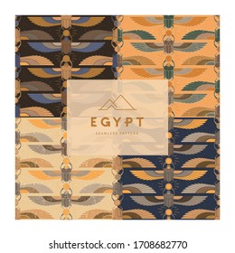 Symbols of ancient Egypt in the form of a patterns collections with an illustration of a scarab beetle with a sun symbol in its paws and wings. A great print option for interior decoration.