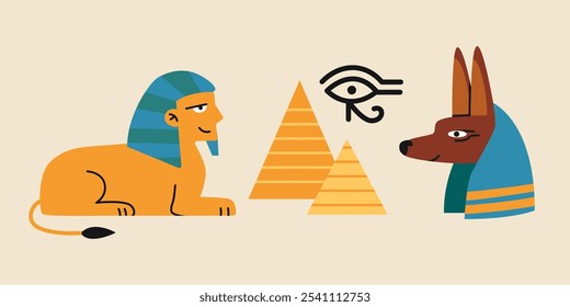 Símbolos del Antiguo Egipto, Patrimonio Histórico y Atracciones Turísticas. Esfinge encantadora, pirámides, Anubis y ojo de Ra. Ilustración vectorial moderna de moda, dibujado a mano, diseño plano