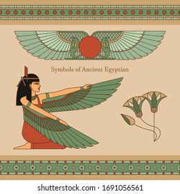 Symbols of ancient Egypt with an illustration of a woman with wings, lotus, horizontal seamless pattern and other symbols.