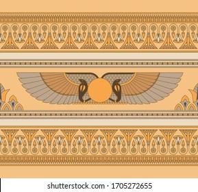 Symbols Of Ancient Egypt Winged Sun With Lotos Seamless Horizontal Pattern For Egyptian Motives.