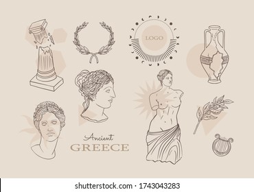 Symbols of ancient Greece: statues, columns, laurel wreath, amphora, olive branch, harp, Venus Logo, tattoo set of lines