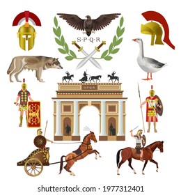 Symbols of ancient Rome. Roman empire set with coat of arms, helmet, she-wolf, goose, Triumphal arch and armed soldiers. Vector illustration isolated on white background