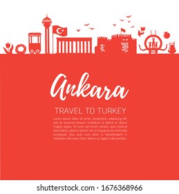 Symbols of Ankara. Travel to Turkey. Modern flat vector illustration of famous Turkish landmarks. Panoramic skyline silhouette on the red background. Landing page design.