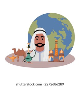 Symbols of Arab culture. Set of attributes of Islamic life. Muslim and his environment. Web picture. Vector illustration