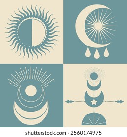 Symbols of astrology, mystical cosmos - moon, stars, planets. Hand drawn, not AI