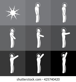 Symbols of the Astronaut in Helmet Pointing with His Hand to the Stars in Eight Frames - Infographic Silhouette Style