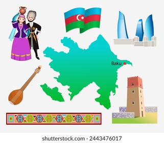Symbols of Azerbaijan. Outline of the country, architecture and national clothing. Set of clip arts vector illustration