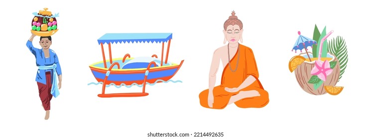 Symbols of Bali island - Buddha, cocktail in coconut, woman with offering and fishing boat