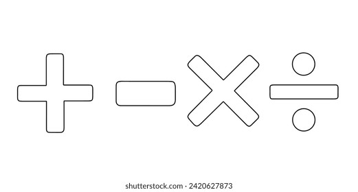 Symbols for basic arithmetic operations: addition, subtraction, division and multiplication. Vector illustration. Images produced without the use of any form of AI software at any stage. 