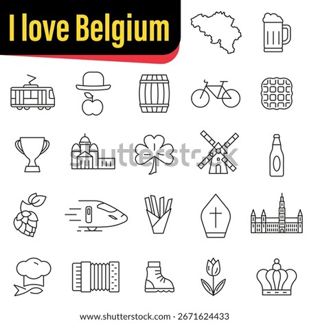 Symbols of Belgium, icon set. Suitable for content about Belgian culture, history and heritage. EPS 10.