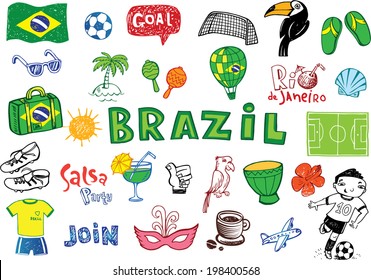 symbols of Brazil, doodles - football, Brazilian accessories, clothes, trees, musical instruments, animals. For banners, sport backgrounds, presentations