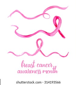 Symbols of breast cancer awareness. Pink ribbons in brush strokes - vector illustration. 