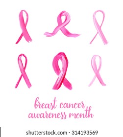 Symbols of breast cancer awareness. Pink ribbons in brush strokes - vector illustration. 