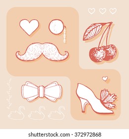 Symbols of bride and groom. Design element for wedding greeting card, valentines day invitation, honeymoon postcard. Vintage style, hand drawn pen and ink. Romantic retro bright color
