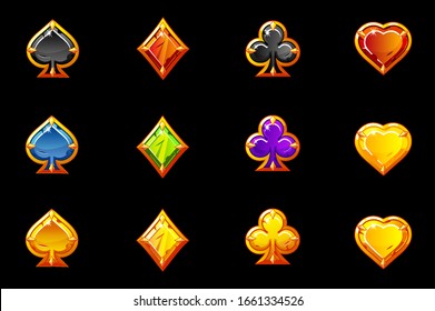 Symbols of bright playing cards of different colors. Set of gold and precious isolated card icons.