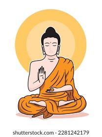 Symbols of Buddhism with Gautama Buddha the founder of Buddhism sitting and action as meditating drawing in cartoon vector