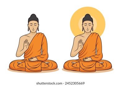 Symbols of Buddhism with Gautama Buddha the founder of Buddhism with and without light radius sitting and action as meditating drawing in colorful vector