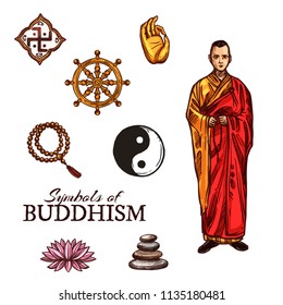 Symbols of Buddhism monk, dharma wheel, rosary and yin-yang sign, lotus flower and pyramid of stones, sketch style vector. Buddhist and religious holy symbols and icons, oriental religion vector.