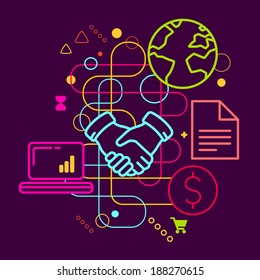 Symbols of business meetings and cooperation on abstract colorful dark background with different icons and elements. Line art.