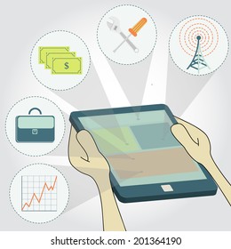 Symbols of business: money, graph. tools, communication tower, suitcase executive. Surfing the tablet. Doing businesses through the mobile