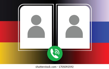 Symbols of business negotiations. Germany and Russia. Pictograms of a telephone conversation between representatives of different countries against the background of national flags. Foreign policy