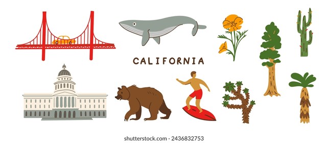 Symbols of California state. Vector clipart collection