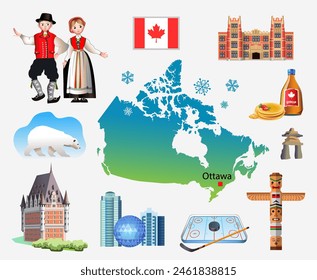 Symbols of Canada. Outline of the country, architecture and national clothing. Set of clip arts vector illustration