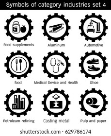 Symbols category industry of Automotive, Pulp and paper, Medical Device and Health, Casting metal, Shoe, Food supplements, Food,Petroleum refining, Aluminum