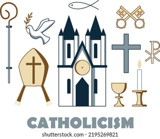 Symbols of Catholicism. Vector concept of Christian attributes.