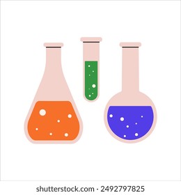 Symbols of chemical flasks for chemistry and laboratory research. Icon set for science and pharmacology content. Bright illustration for educational materials and industry articles