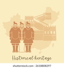 Symbols of China s historical heritage. Great Wall of China, terracotta army. Vector Illustration