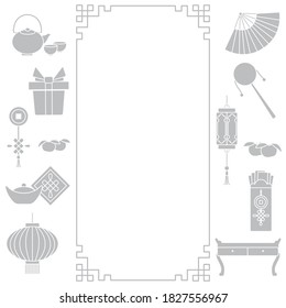 Symbols of Chinese New Year 2021 Vector illustration Chinese lantern, tangerines, envelope with money, rattle, ingot, fan, gift box, coin, kettle, cup, table. Holiday Traditions China Design for print